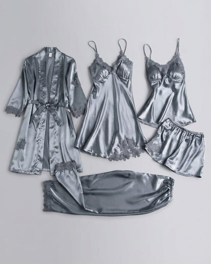 Women's Satin Robe And Lace Cuff Pyjamas