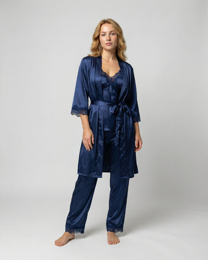 Women's Satin Robe And Lace Cuff Pyjamas