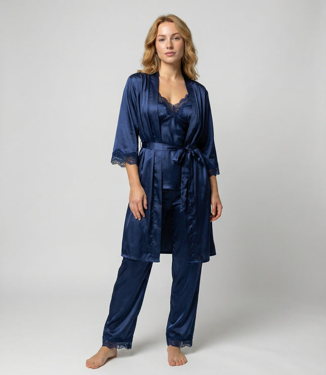 Women's Satin Robe And Lace Cuff Pyjamas