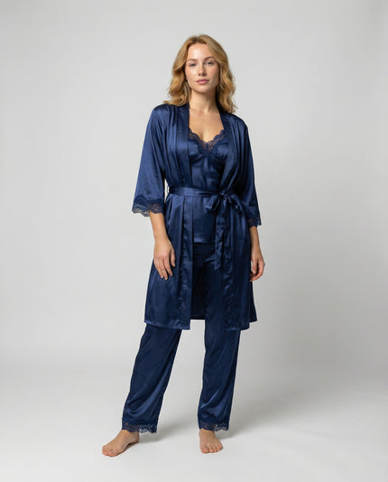 Women's Satin Robe And Lace Cuff Pyjamas
