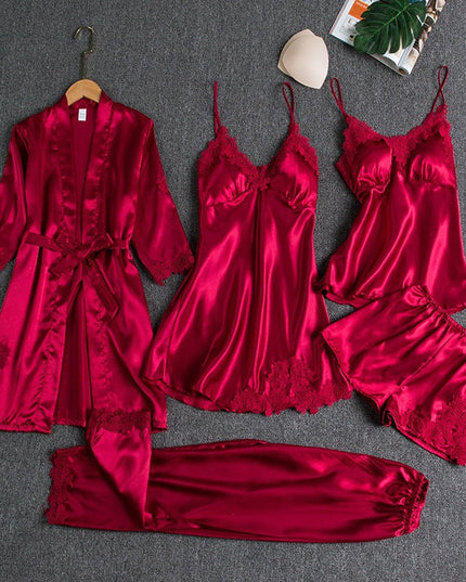 Women's Scalloped Lace Five-Piece Satin Pyjamas