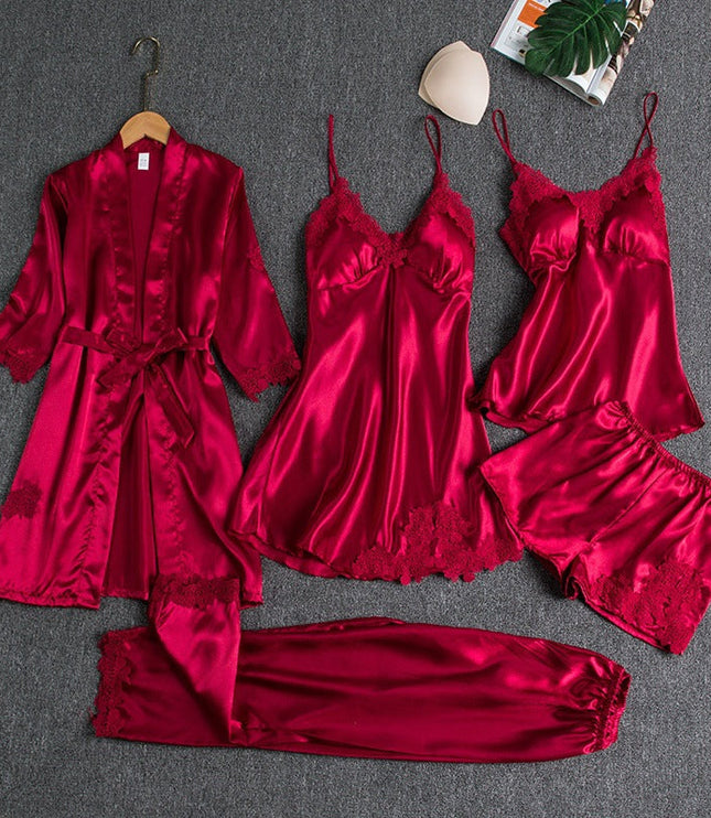 Women's Scalloped Lace Five-Piece Satin Pyjamas