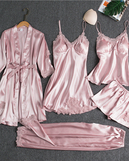 Women's Scalloped Lace Five-Piece Satin Pyjamas