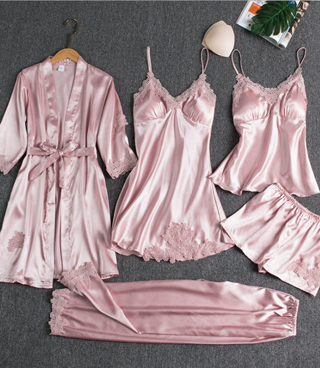 Women's Scalloped Lace Five-Piece Satin Pyjamas