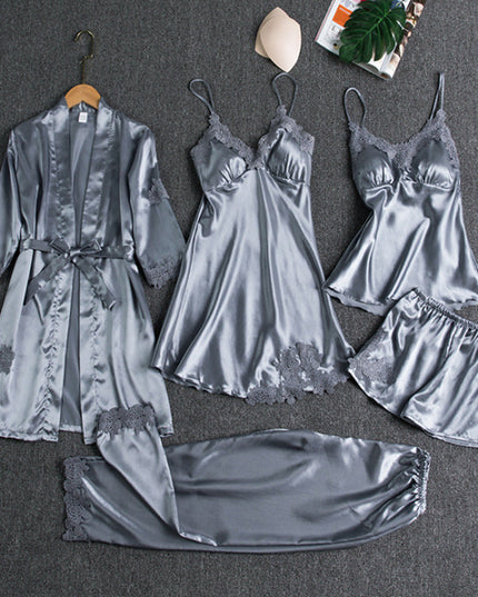 Women's Scalloped Lace Five-Piece Satin Pyjamas