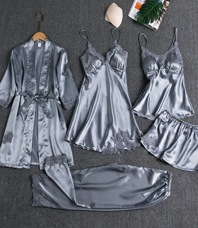 Women's Scalloped Lace Five-Piece Satin Pyjamas