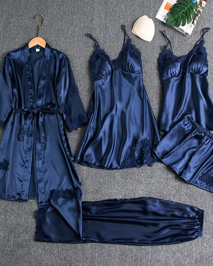 Women's Scalloped Lace Five-Piece Satin Pyjamas