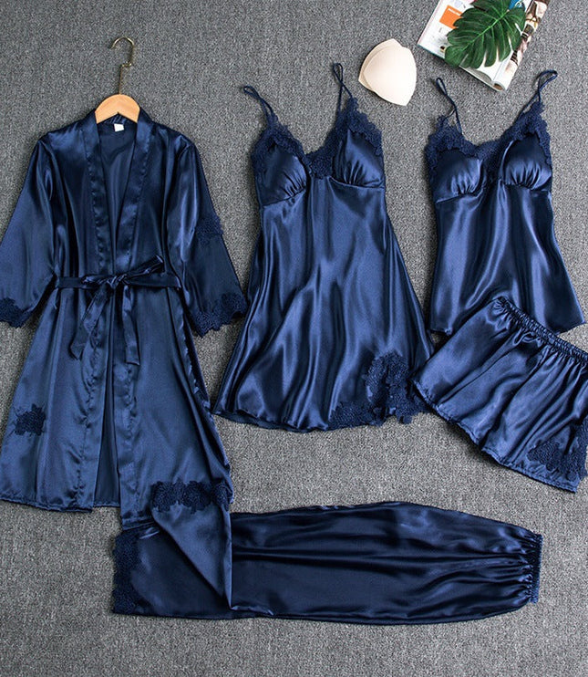 Women's Scalloped Lace Five-Piece Satin Pyjamas