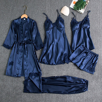 Women's Scalloped Lace Five-Piece Satin Pyjamas