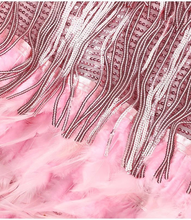 Women's Sequin Fringe Mini Dress with Feather Hem