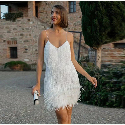 Women's Sequin Fringe Mini Dress with Feather Hem