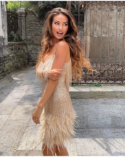 Women's Sequin Fringe Mini Dress with Feather Hem