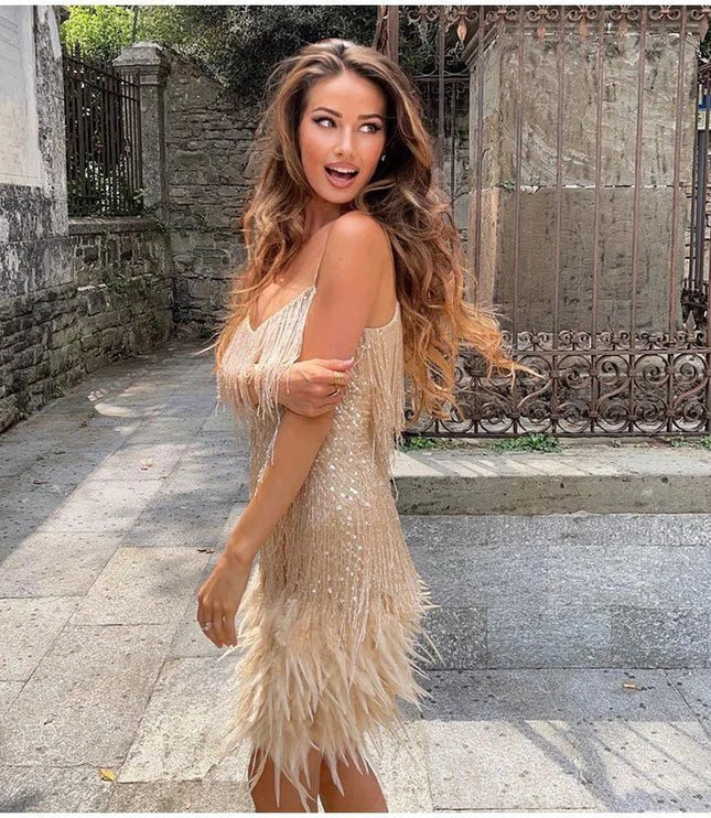 Women's Sequin Fringe Mini Dress with Feather Hem