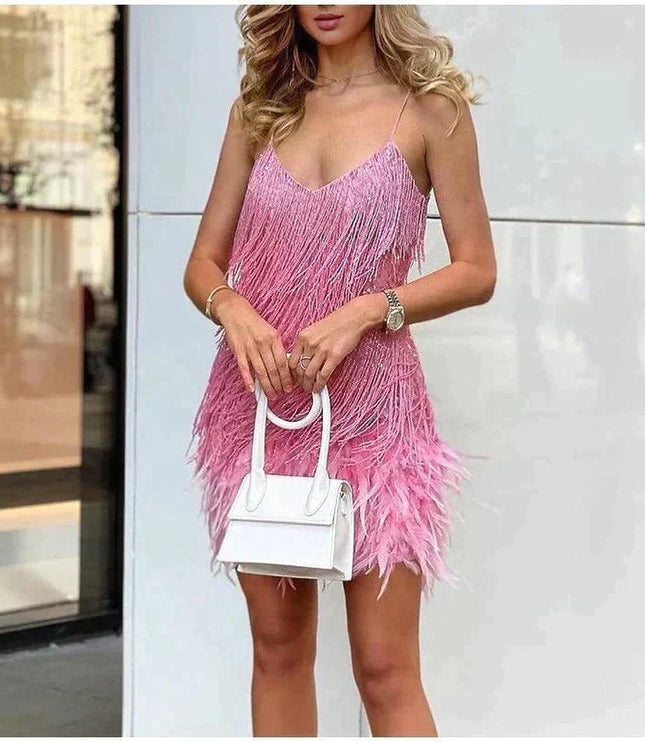 Women's Sequin Fringe Mini Dress with Feather Hem