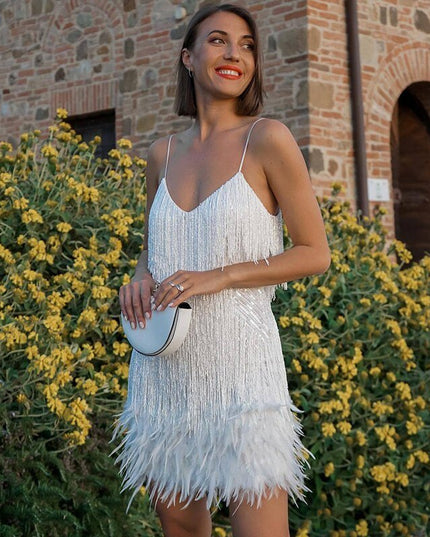 Women's Sequin Fringe Mini Dress with Feather Hem