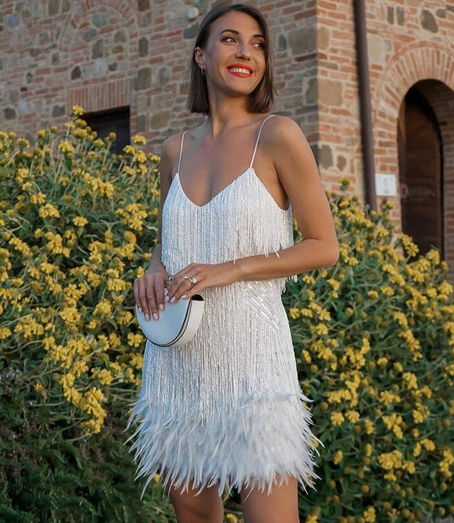 Women's Sequin Fringe Mini Dress with Feather Hem