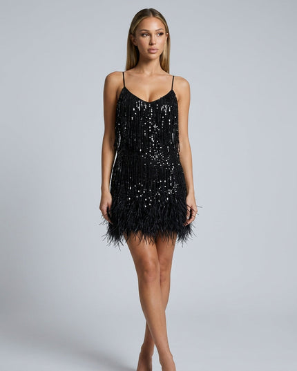 Women's Sequin Fringe Mini Party Dress with Feather Hem