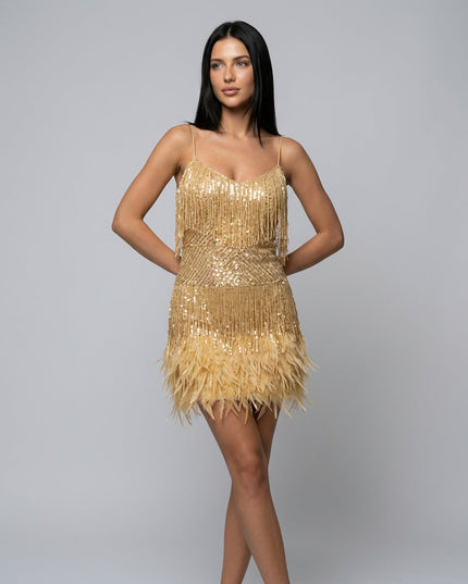 Women's Sequin Fringe Mini Party Dress with Feather Hem
