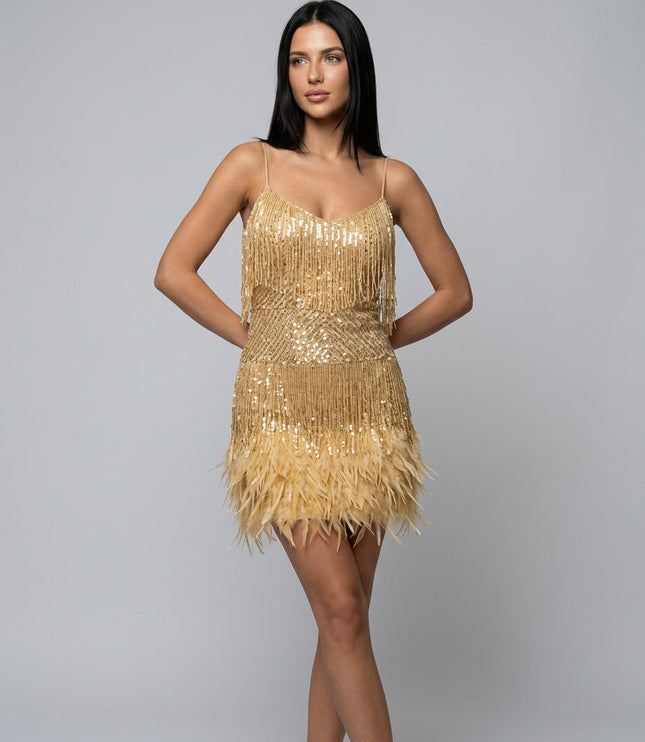 Women's Sequin Fringe Mini Party Dress with Feather Hem