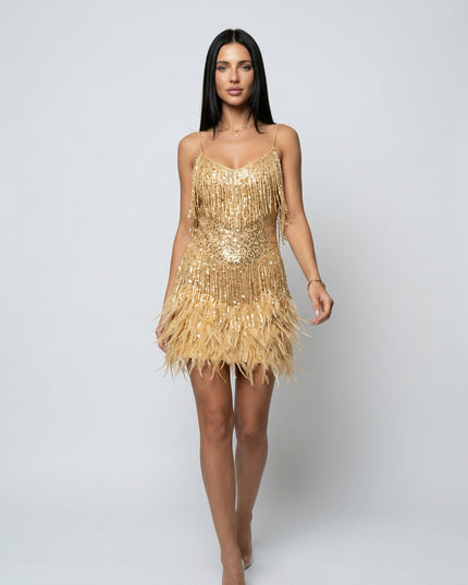 Women's Sequin Fringe Mini Party Dress with Feather Hem