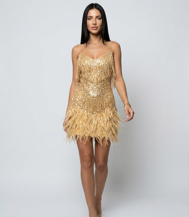 Women's Sequin Fringe Mini Party Dress with Feather Hem
