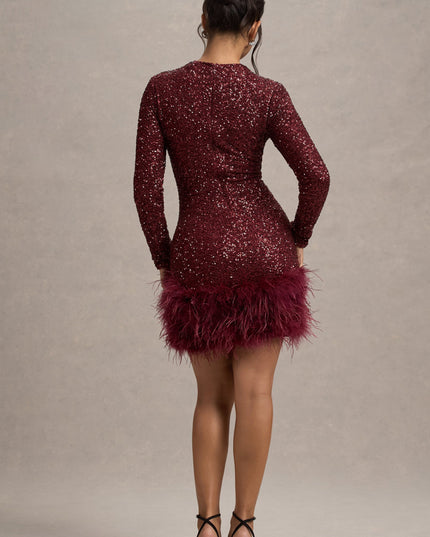 Vestido mini de cóctel con mangas largas y lentejuelas brillantes para mujer