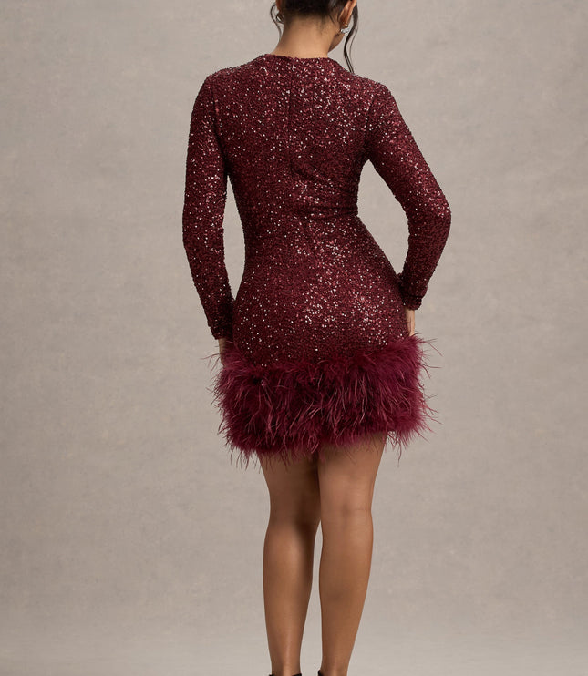 Vestido mini de cóctel con mangas largas y lentejuelas brillantes para mujer