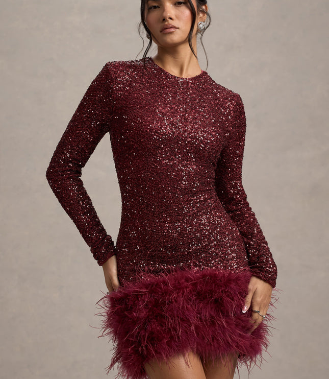 Vestido mini de cóctel con mangas largas y lentejuelas brillantes para mujer