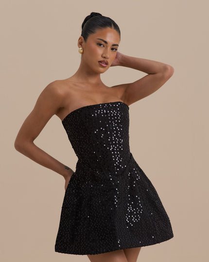 Vestido mini de cóctel negro sin tirantes con lentejuelas para mujer