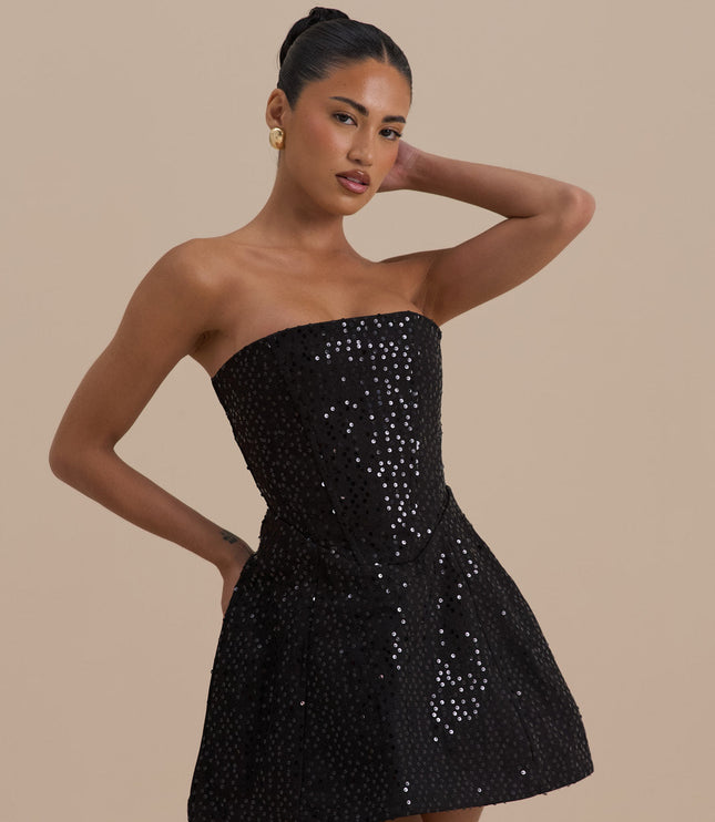 Vestido mini de cóctel negro sin tirantes con lentejuelas para mujer