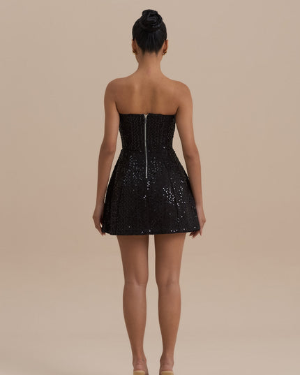 Vestido mini de cóctel negro sin tirantes con lentejuelas para mujer