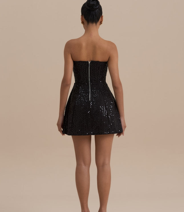 Vestido mini de cóctel negro sin tirantes con lentejuelas para mujer