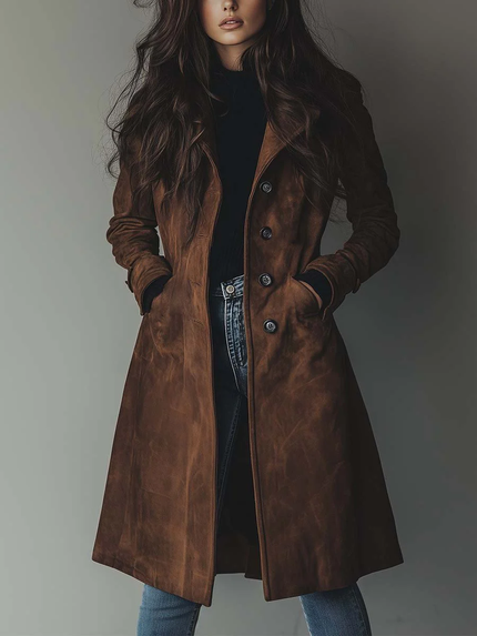 Women's Shaped Waist Suede-Look Trench Coat