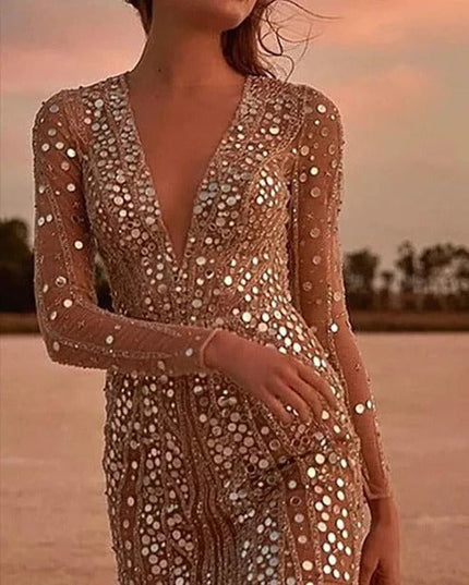 Women's Sheer Sleeve Mesh Mini Sequin Dress