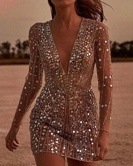 Women's Sheer Sleeve Mesh Mini Sequin Dress