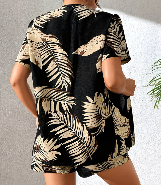 Women's Short-Sleeve Top and Shorts Set with Leaf Pattern