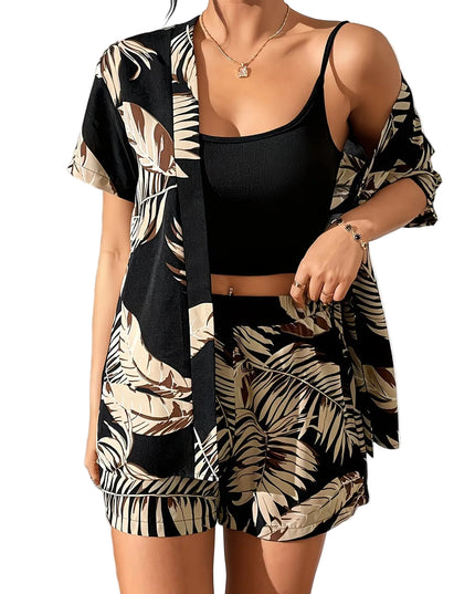 Women's Short-Sleeve Top and Shorts Set with Leaf Pattern