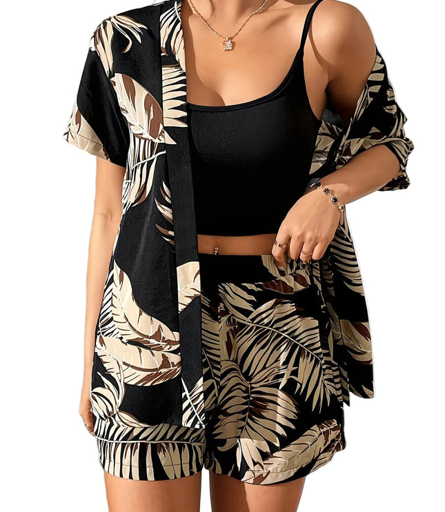 Women's Short-Sleeve Top and Shorts Set with Leaf Pattern