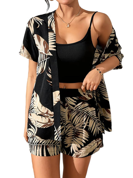 Conjunto de top de manga corta y shorts para mujer con patrón de hojas