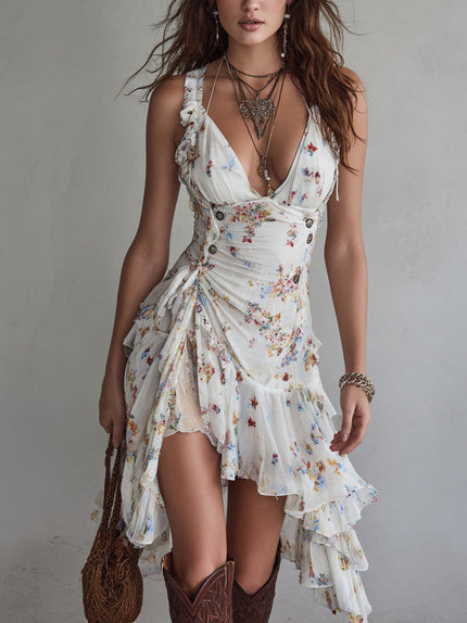 Women's Side-Ruched Floral Mini Party Dress
