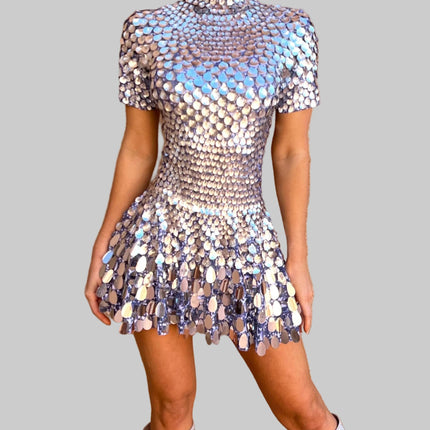 Women's Silver Flared Disc Sequin Dress