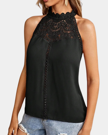 Black sleeveless halter top featuring ornate lace neckline and geometric lace-up closure
