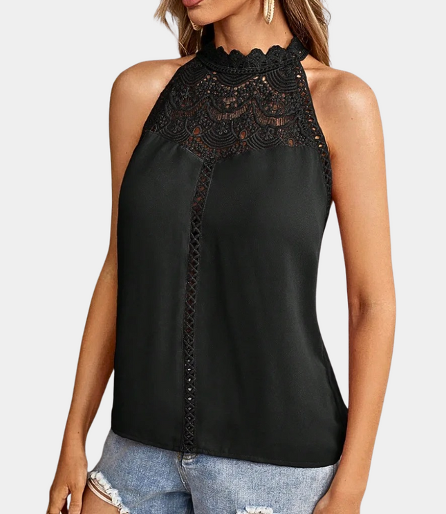 Black sleeveless halter top featuring ornate lace neckline and geometric lace-up closure
