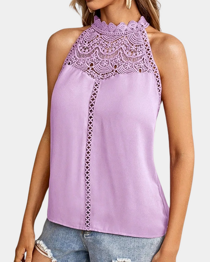 Lavender lace halter tank with intricate crochet yoke and center lace-up front
