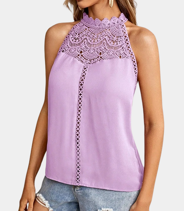 Lavender lace halter tank with intricate crochet yoke and center lace-up front