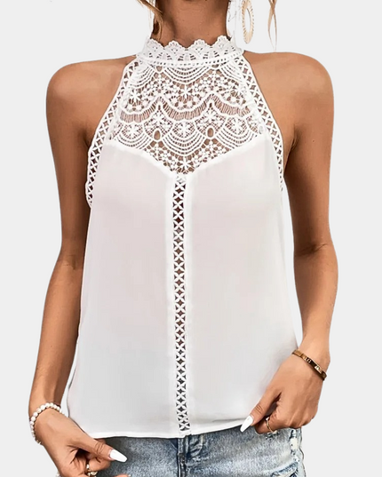 White lace halter tank top with delicate crochet pattern and tie neck closure