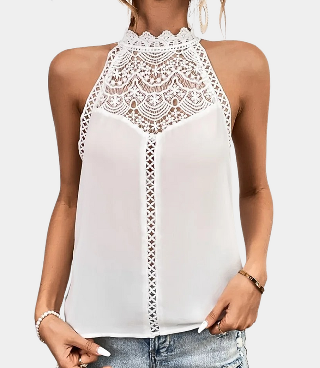White lace halter tank top with delicate crochet pattern and tie neck closure