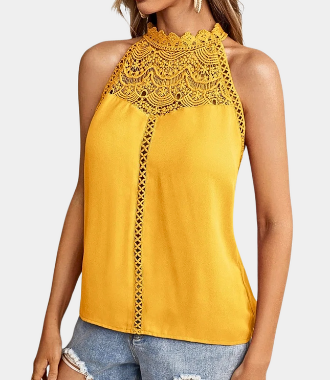 Golden yellow lace halter tank featuring ornamental lace yoke and lace-up front
