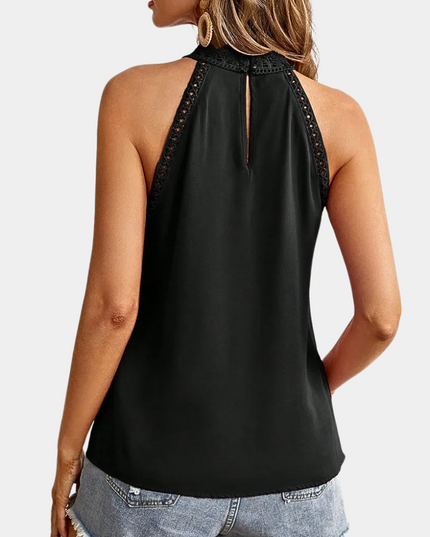 Black lace halter tank back view showing decorative lace trim and center opening