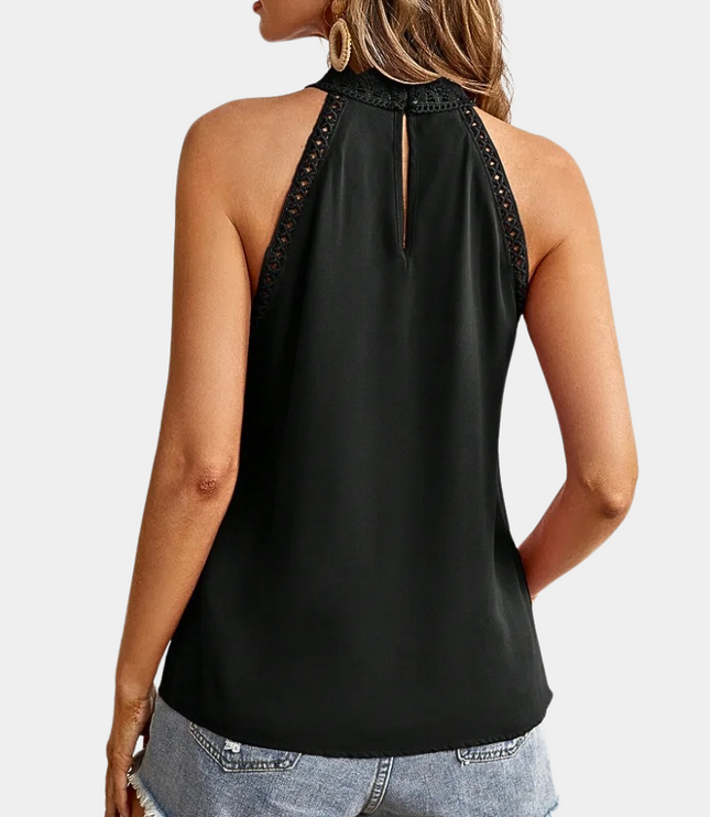 Black lace halter tank back view showing decorative lace trim and center opening